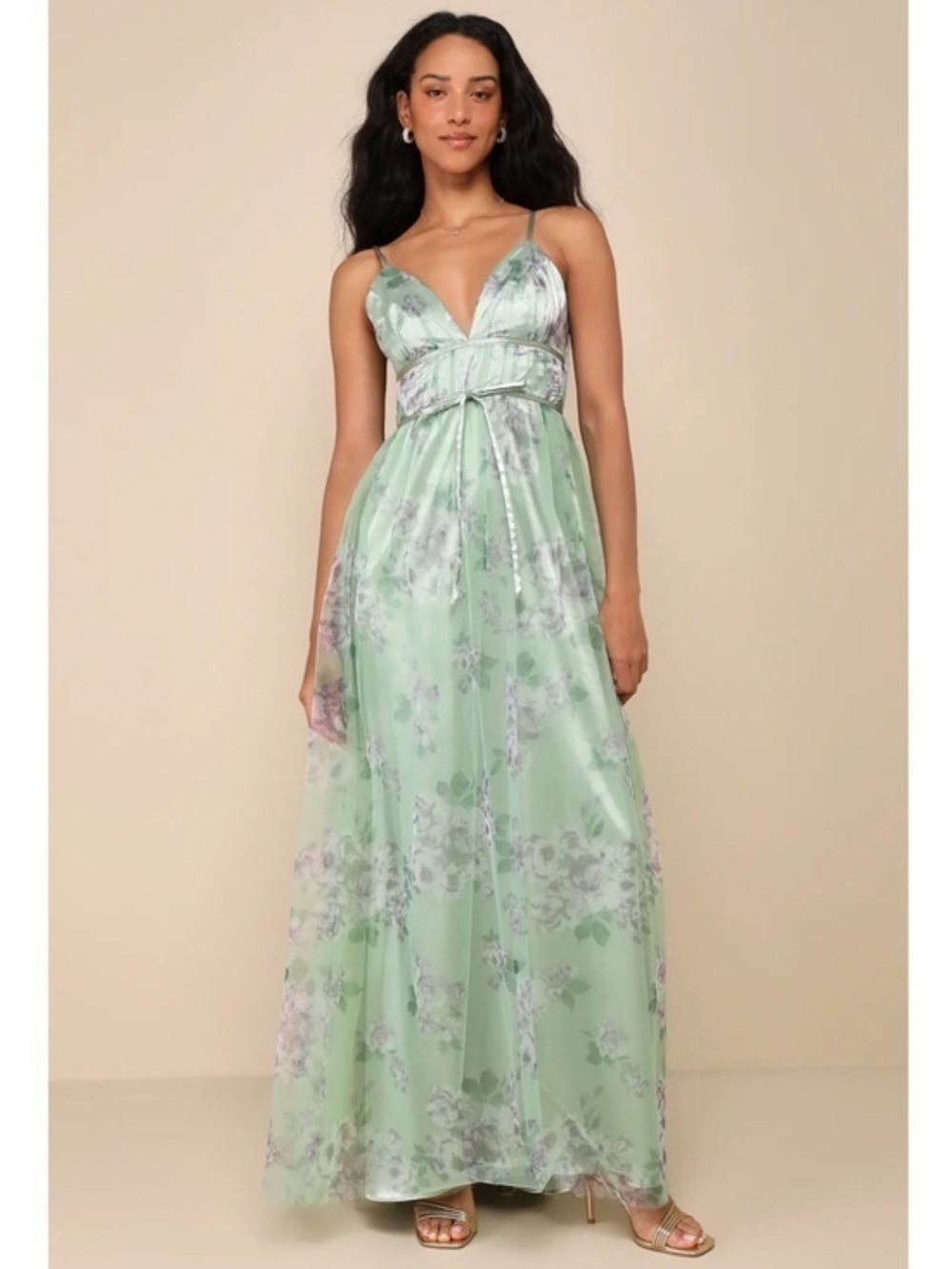 NWT Lulu’s Delightful Invitation Green Floral Tulle Sleeveless Maxi Dress Small